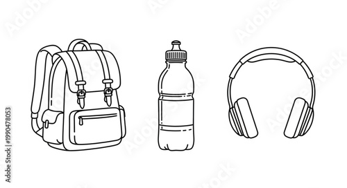Backpack Water Bottle and Headphones Hand Drawn Sketch.