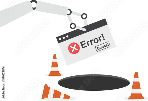 Robotic arm dropping error message into a dangerous hole