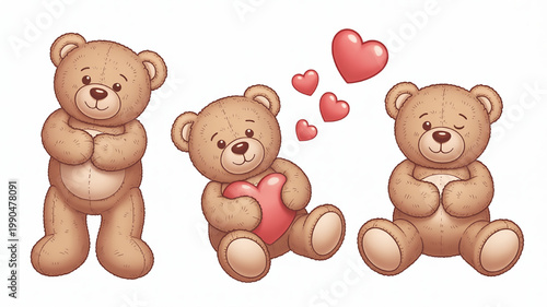 Three cute teddy bears with hearts representing love and affection perfect for Valentines Day or childrens illustrations isolated on white