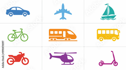 Various modes of transportation icons on a white background.