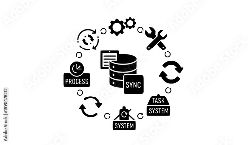 operation, workflow, system, process, automation, control, tools, settings, gear, data, database, sync, refresh, cycle, task, management, icon, icons, solid, black, vector, set, infographic, ui, ux, w