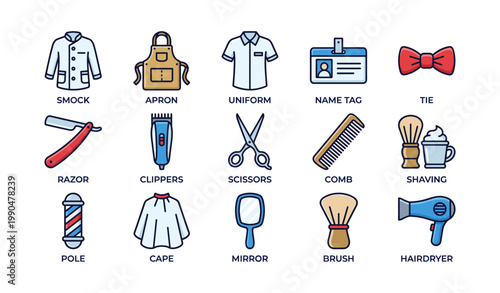 Barber and hairstyling icons arranged in grid on white background