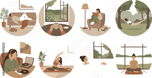 Illustrations of various indoor and outdoor relaxation and work activities Vector