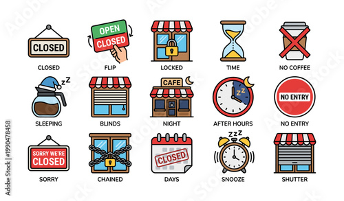 Store closure icons showing closed signs and shutters