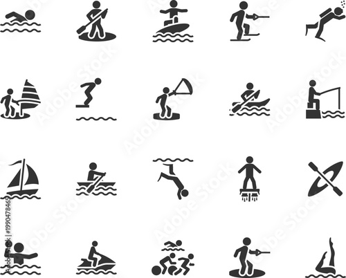 Vector set of water sports flat icons. Contains icons swimming, diving, surfing, wakeboarding, sailing, windsurfing, kayaking, jet skiing, triathlon and more. Pixel perfect.