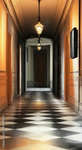 A long hallway with black and white checkered floor