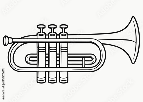 Black and white line-art illustration of a trumpet with no shading.