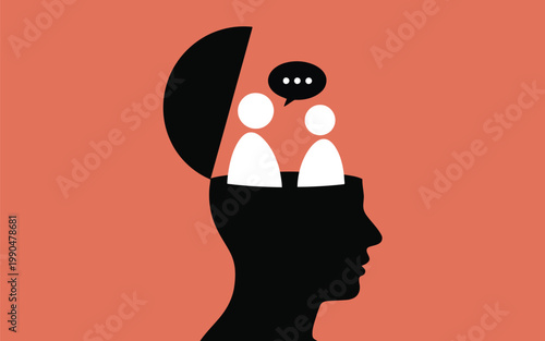 Internal dialogue two figures conversing within a silhouette of a human head