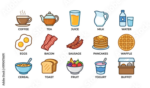 Breakfast and food icons showing drinks and dishes on white background