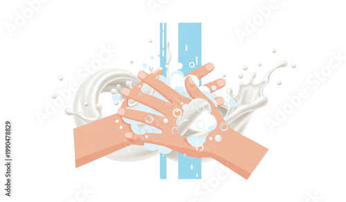 Hand washing with soap foam hygiene clean hands flat vector illustration