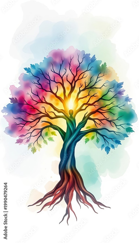 Obraz premium Ethereal watercolor tree of life illustration, a harmonious blend of nature's spiritual essence for wall art, art, tree of life