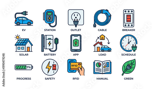 Electric vehicle icons displaying charging components on white grid