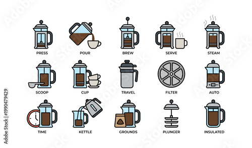 French press coffee icons showing brewing steps and accessories