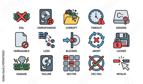 Storage and data failure icons showing fault states on white grid