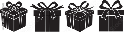 Trendy gift box silhouette set with bold minimal shapes and ribbon bows. Modern black vector illustration perfect for holiday design, packaging, branding, greeting cards, icons, and festive visuals.