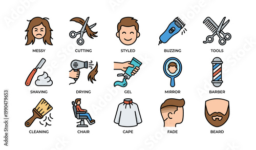 Barber and hairdressing icons displaying grooming steps on white grid