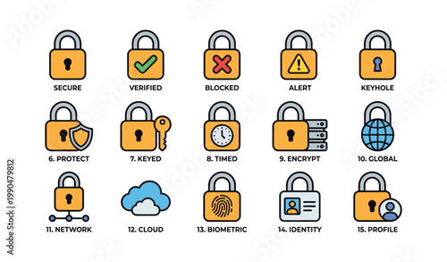 Security and lock icons representing access and protection on white