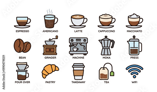 Coffee and beverage icons showing drinks and equipment on white