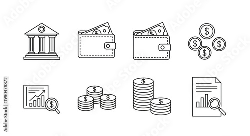 Financial Icons Representing Banking Money and Investment Analysis.