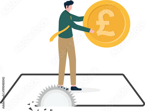 Businessman putting Pound coin into a ground saw trap