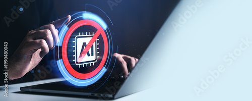 Obraz na płótnie Hand interacting with digital prohibition symbol over AI chip on laptop illustrating technology restriction concept in futuristic style