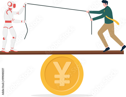 Robot and human balancing Yen coin on a see-saw