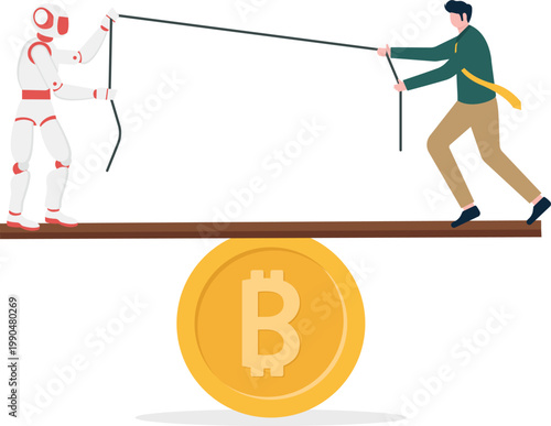 Robot and human balancing Bitcoin on a see-saw