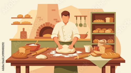 Professional Baker Kneading Fresh Dough in Traditional Bakery Kitchen
