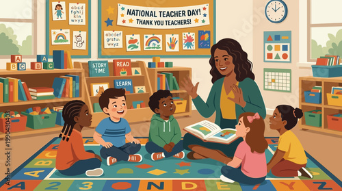 Teacher Reading to Diverse Children in a Preschool Classroom