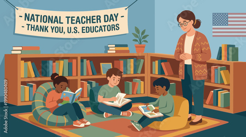 National Teacher Day Illustration of Educator and Children Reading