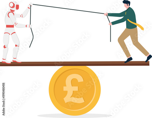 Robot and human balancing Pound coin on a see-saw