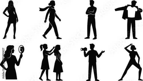 Eight silhouettes depicting various human poses and activities in everyday life Vector