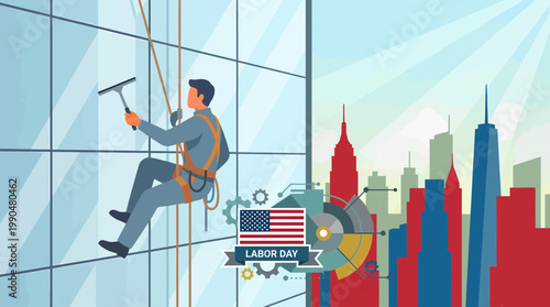 Labor Day Illustration with High Rise Window Washer on Skyscraper