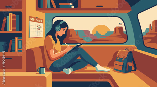 Woman Digital Nomad Drawing in Camper Van with Desert Sunset View
