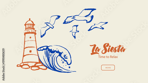 Italy Mediterranean coastal vacation banner. Hand drawn sketch sea poster. Dolce vita summer vibe. Vintage summer vector illustration