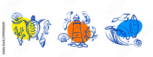 Hand drawn crayon tropical set. Dolce vita summer vibe. Vintage Italy Mediterranean coastal vacation poster. Vector sketch isolated illustration