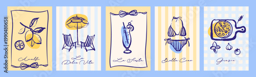 Vintage summer Italian Mediterranean coastal banner set. Hand drawn vector illustration. Amalfi crayon sketch beach vacation design.