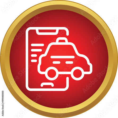 Smartphone displaying a taxi car and elements of a ride sharing application on a red background