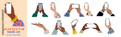 Flat vector illustration set of diverse human hands holding smartphones in different angles, positions, and gestures. Includes male and female hands with various skin tones, modern mobile devices