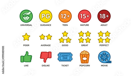 Movie rating icons showing age badges stars and popcorn on white