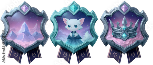 Three whimsical emblems featuring a cat character, icy mountains, and a crown, set against a dreamy backdrop