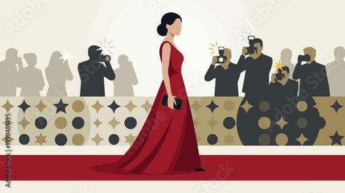 A glamorous woman in a red dress walks down a red carpet, surrounded by photographers