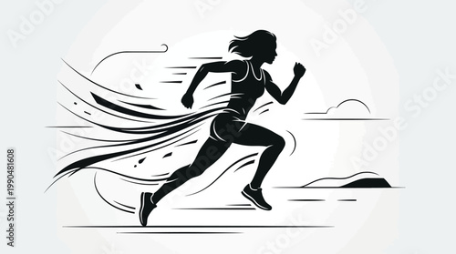 Dynamic Silhouette of a Female Runner in Full Stride, Capturing Energy, Speed, and Athleticism on a Monochrome Background