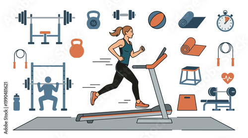 Dynamic Fitness and Exercise Illustration Featuring Treadmill Running and Gym Equipment