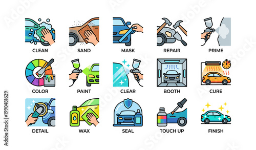 Car painting and detailing process icons arranged on white background