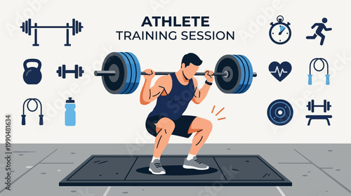 Intense Strength Training Workout Young Male Athlete Engages in Barbell Squats Surrounded by Essential Fitness Equipment for a Challenging Session