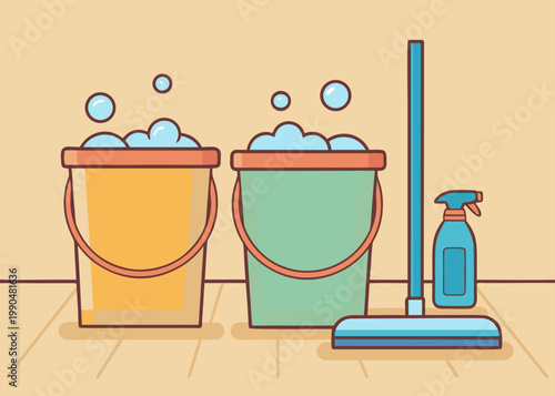 A set of domestic cleaning tools featuring a yellow and green bucket filled with soap suds alongside a blue mop and spray bottle on a wooden floor.