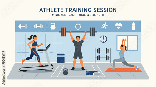 Modern gym workout illustration showing diverse individuals engaged in fitness activities like running, weightlifting, and stretching, emphasizing focus and strength