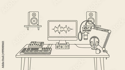 Recording studio setup with computer, microphone, headphones, and audio equipment on a desk