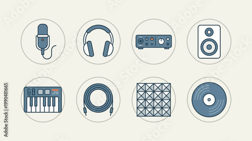 Collection of Professional Audio Equipment Flat Design Icons for Music Production and Sound Engineering Projects